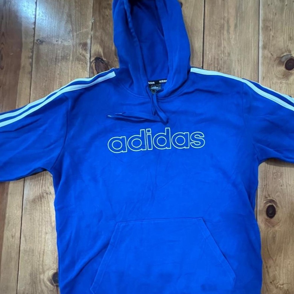 Adidas Womens Blue Hoodie White Three Stripe Logo Pullover Sweatshirt Size M